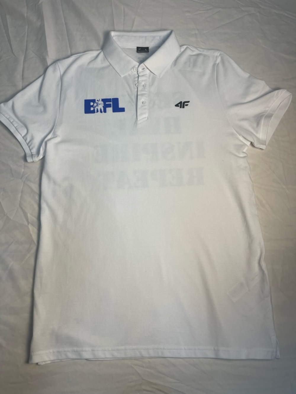 Men's White Polo with Blue BFL Chest Graphic